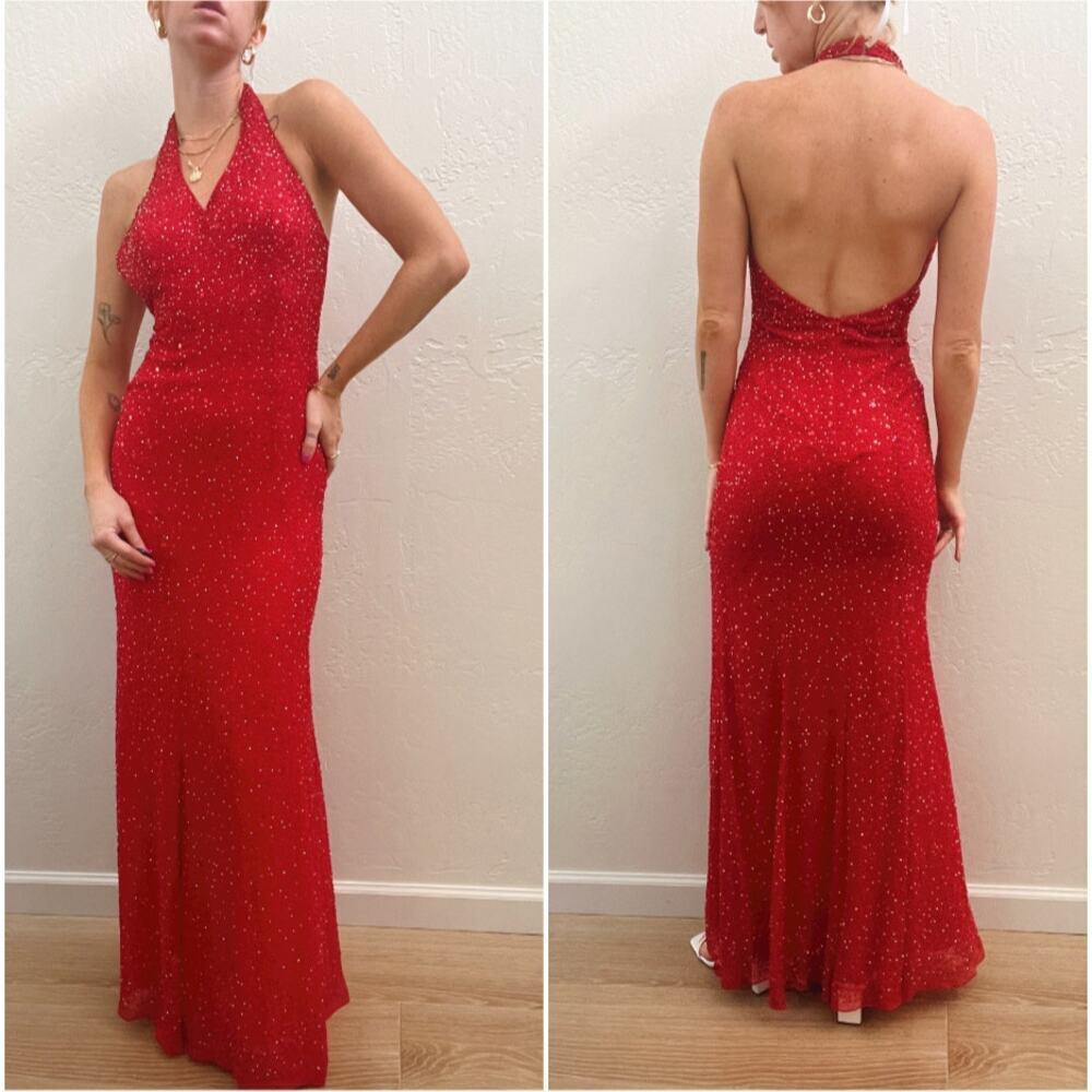 Vintage 1990's 100% Silk Red Beaded Formal Maxi Halter Gown